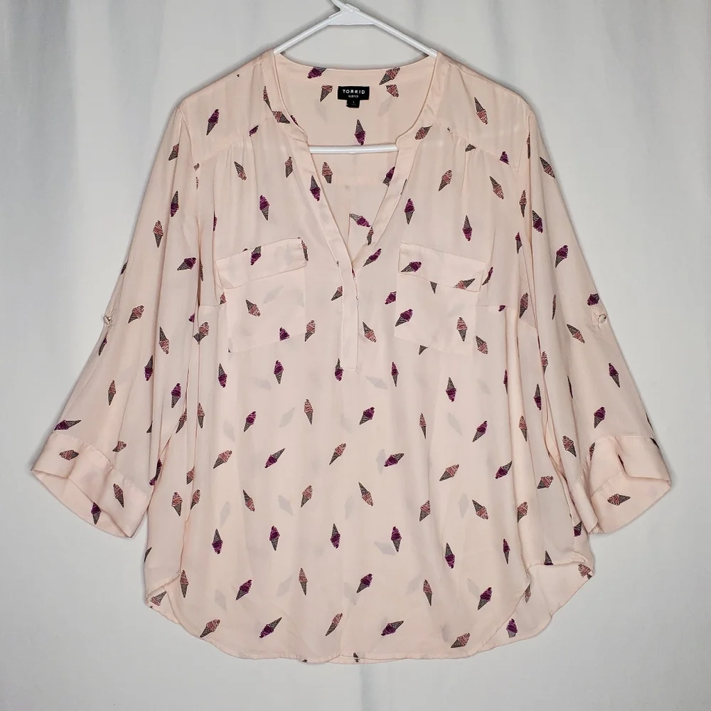 Torrid Harper Top 1X Pink Ice Cream Cone Chiffon Popover 3/4 Office Dopamine - Picture 1 of 7